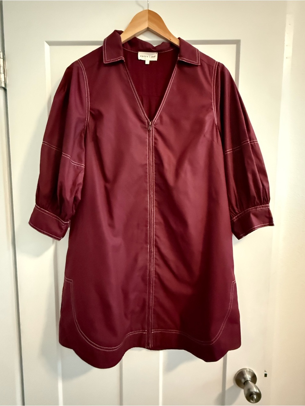 entro Burgundy Zip-Front A-Line Trench Dress